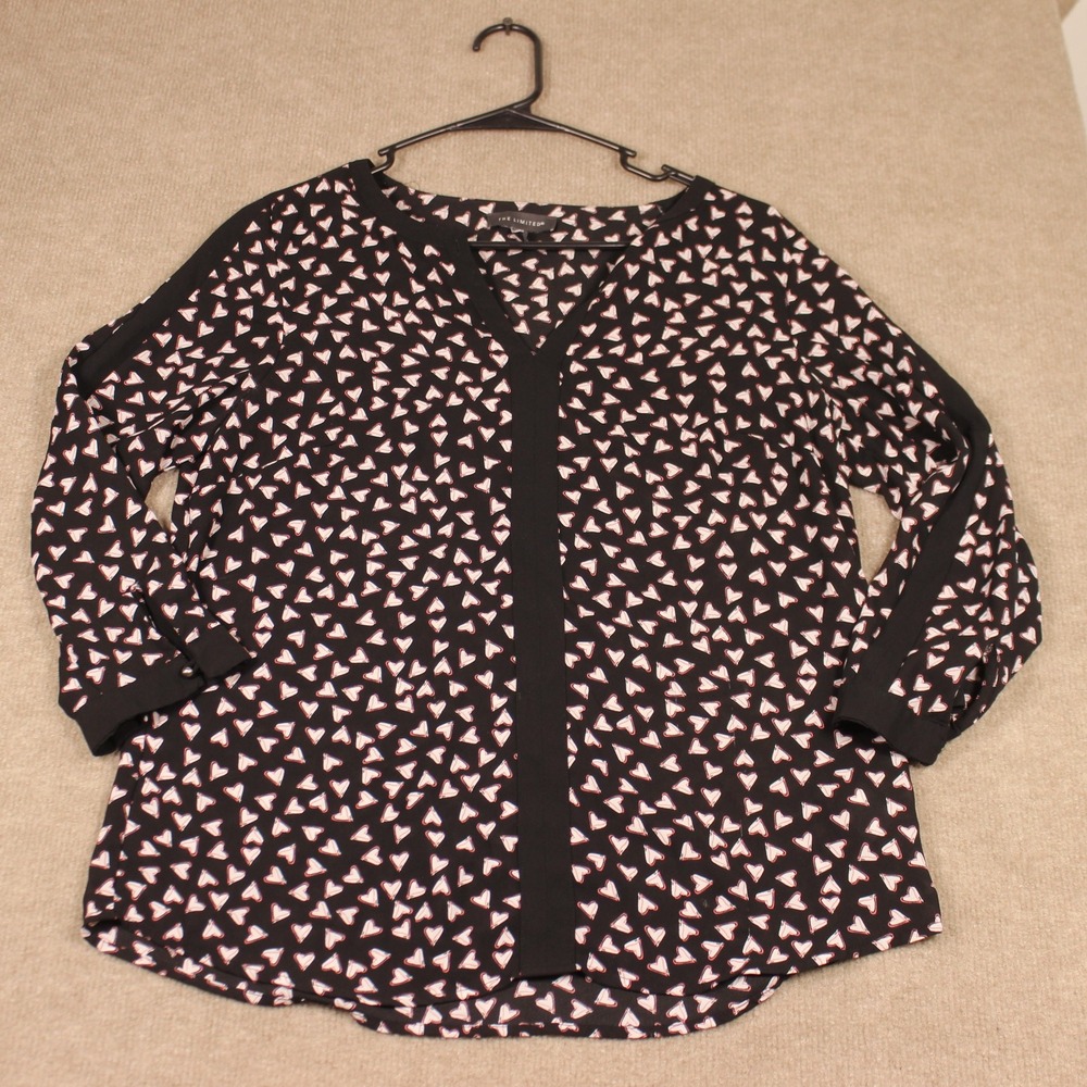 The Limited Black Heart Print V-Neck Blouse Long Sleeve Top Small